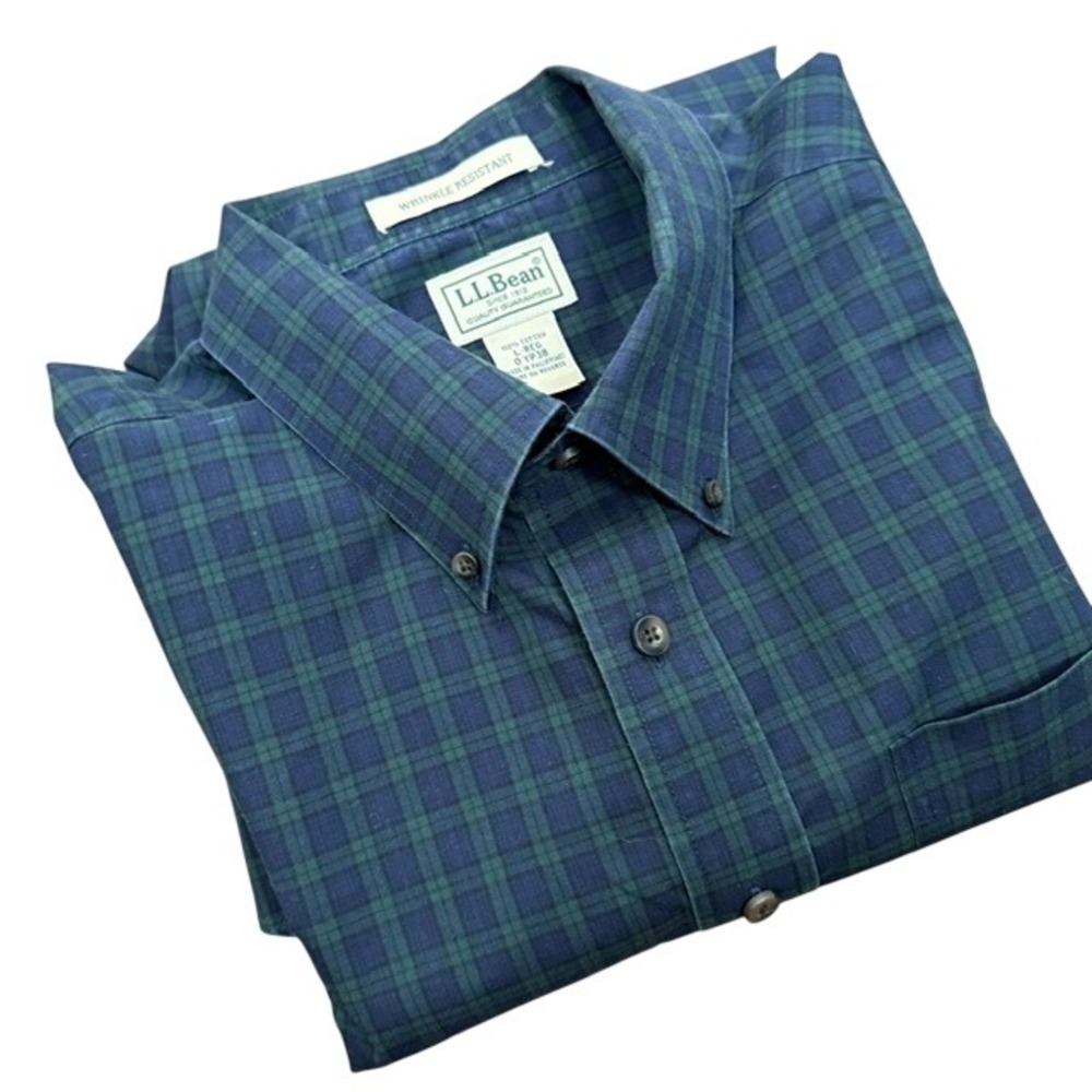 LL Bean Wrinkle Resistant Plaid Button Down Shirt Navy Green Large